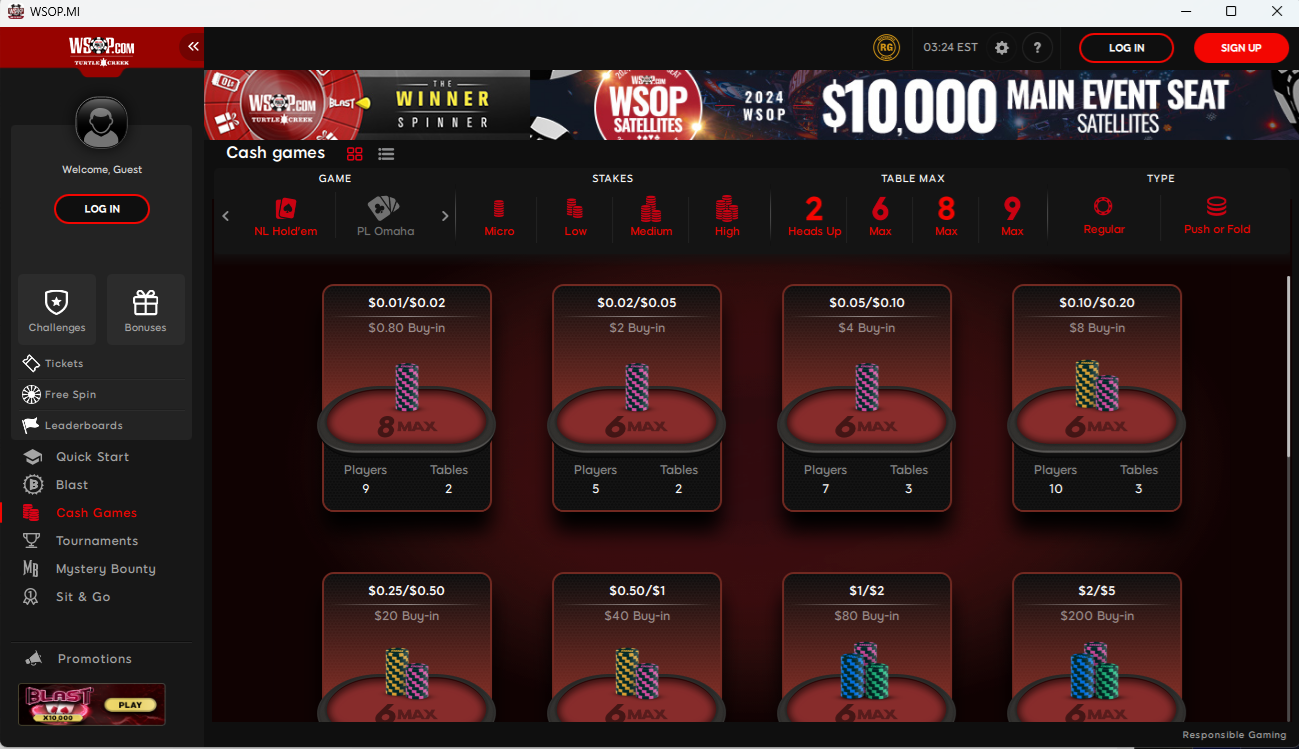 WSOP Michigan cash game selection
